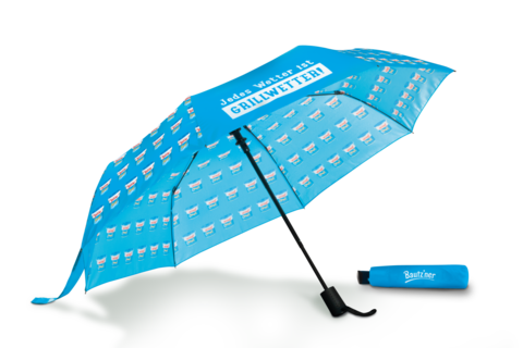 Bautz'ner Regenschirm in blau mit mittelscharf Becher Motiv
